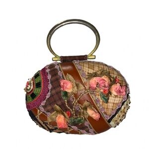 Mary Frances Embellished Floral Patchwork Oval Handbag - Pink & Brown